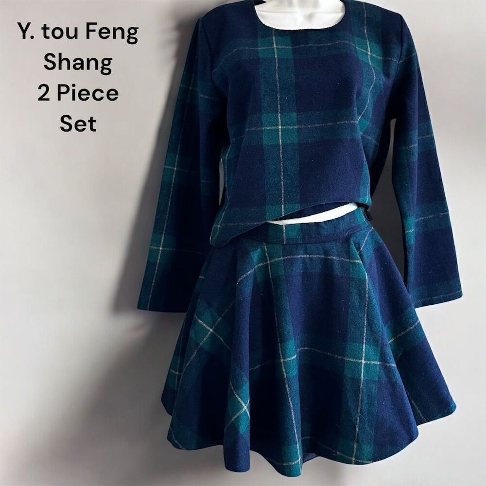 Y. tou FengShang Vintage Tartan Wool Plaid 2 Piece Skater Skirt Long Sleeve Set